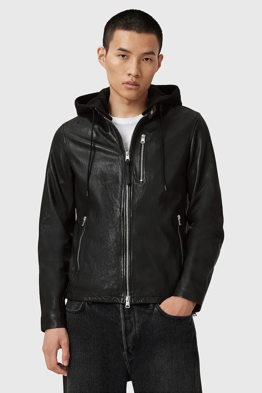 Kožená bunda AllSaints ASHTON čierna farba, prechodná, M013LD