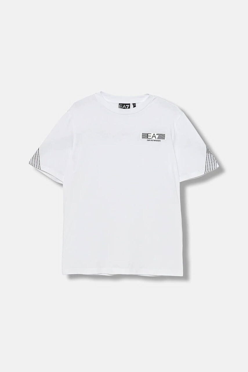 Detské bavlnené tričko EA7 Emporio Armani biela farba, s nášivkou, 7B000183 AF10375