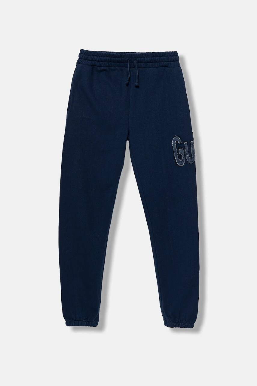 Detské bavlnené tepláky Guess tmavomodrá farba, s nášivkou, L5BQ16 KAD74