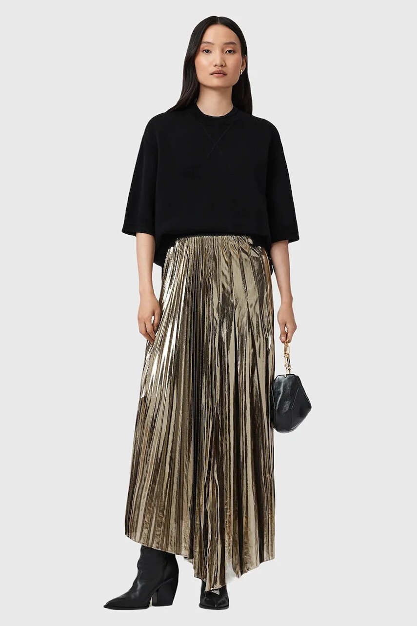 Sukňa AllSaints JAX zlatá farba, maxi, áčkový strih, W064RD