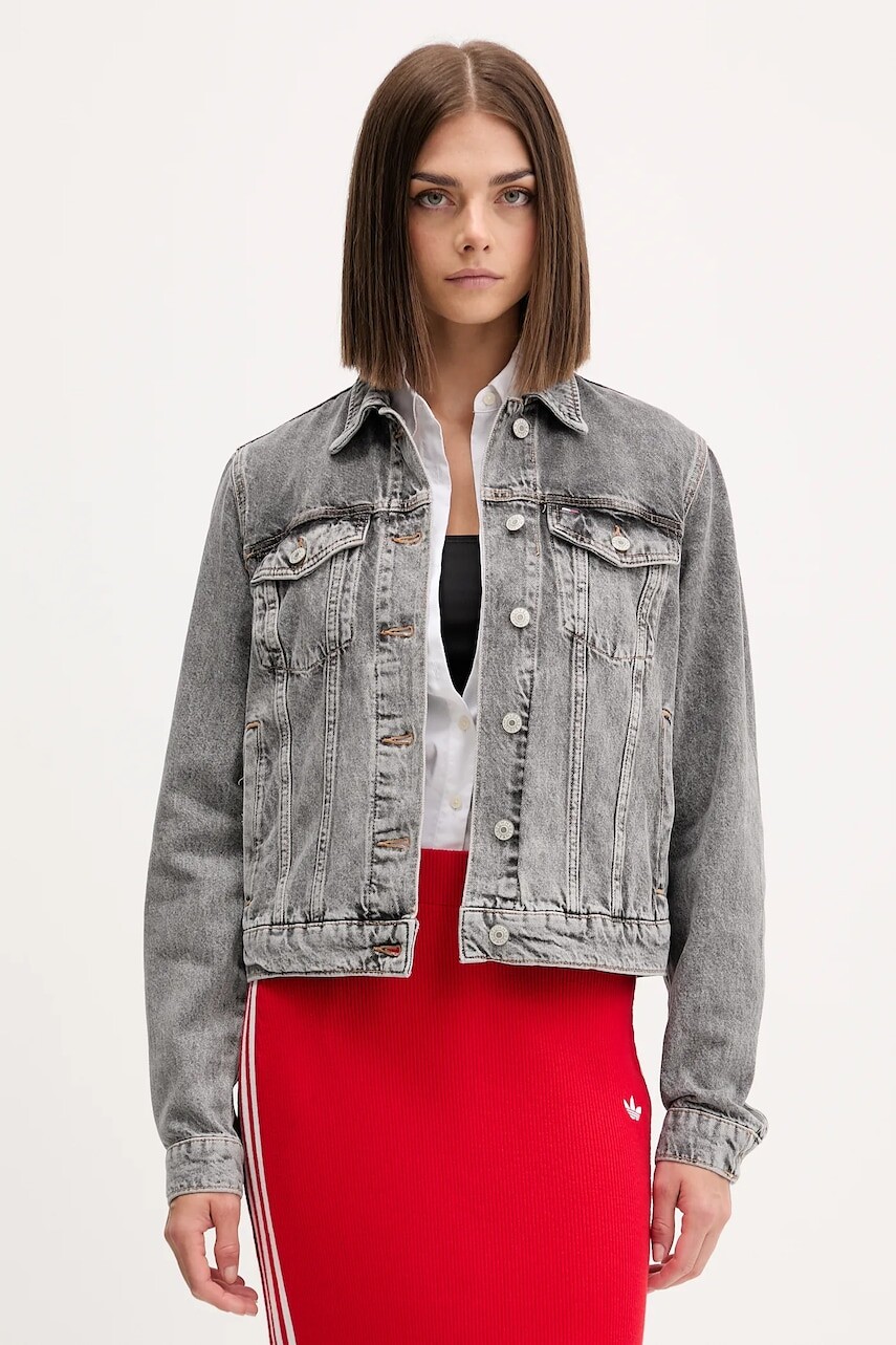 Rifľová bunda Tommy Jeans šedá farba, prechodná, DW0DW21555