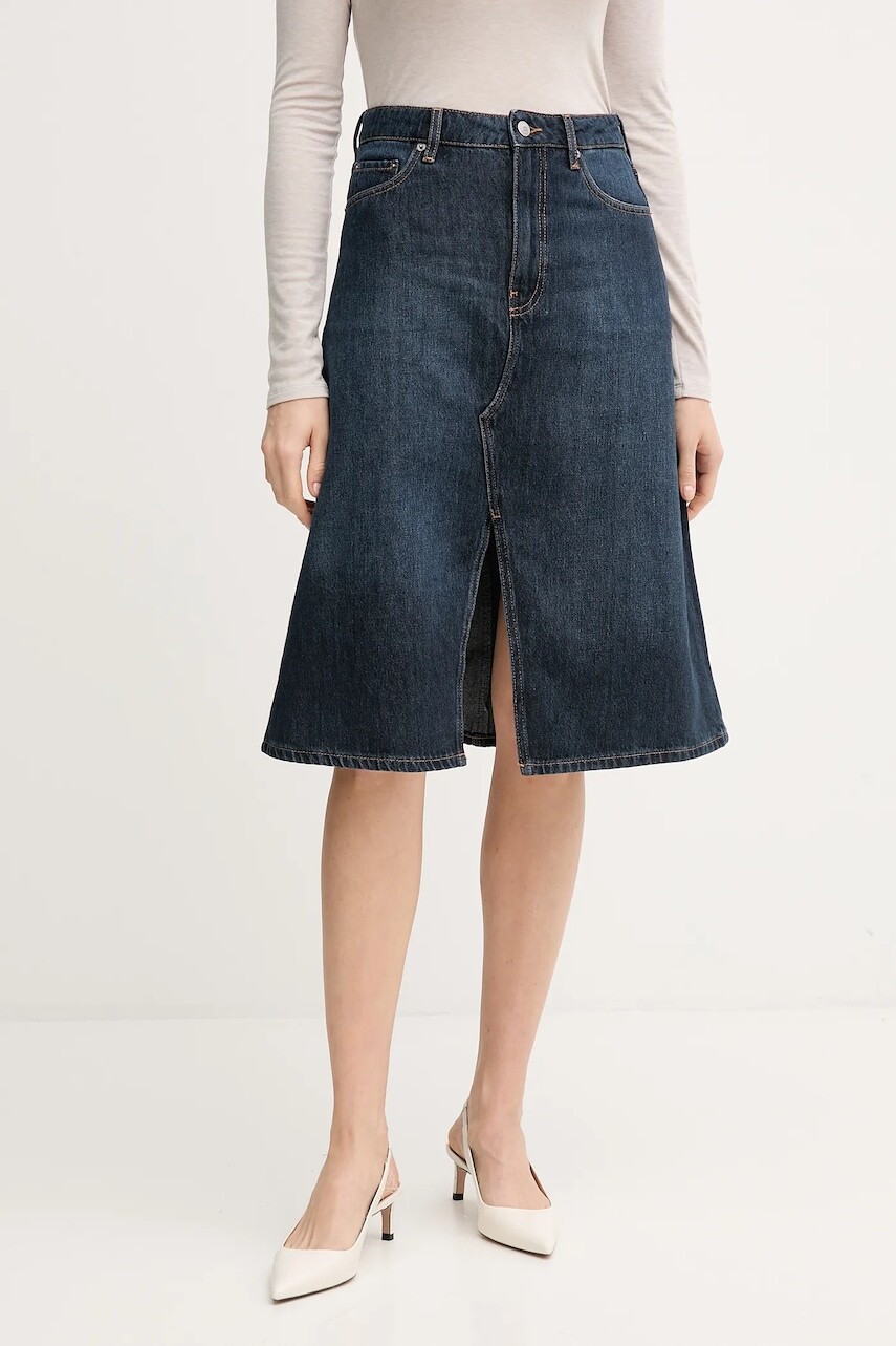 Rifľová sukňa Tommy Hilfiger tmavomodrá farba, midi, áčkový strih, WW0WW46776