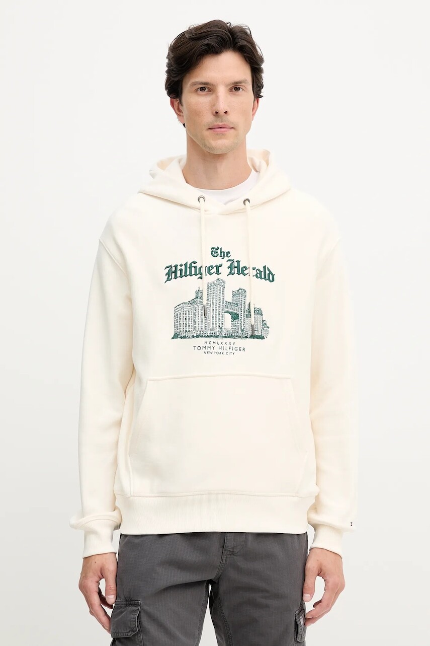 Bavlnená mikina Tommy Hilfiger béžová farba, s kapucňou, s nášivkou, MW0MW40066