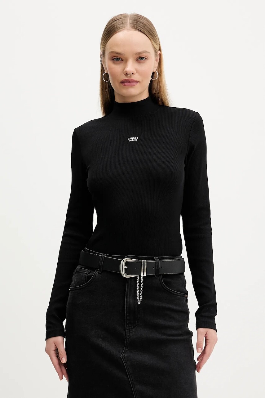 Tričko s dlhým rukávom Guess Jeans čierna farba, s polorolákom, W5BP23 KA0H1