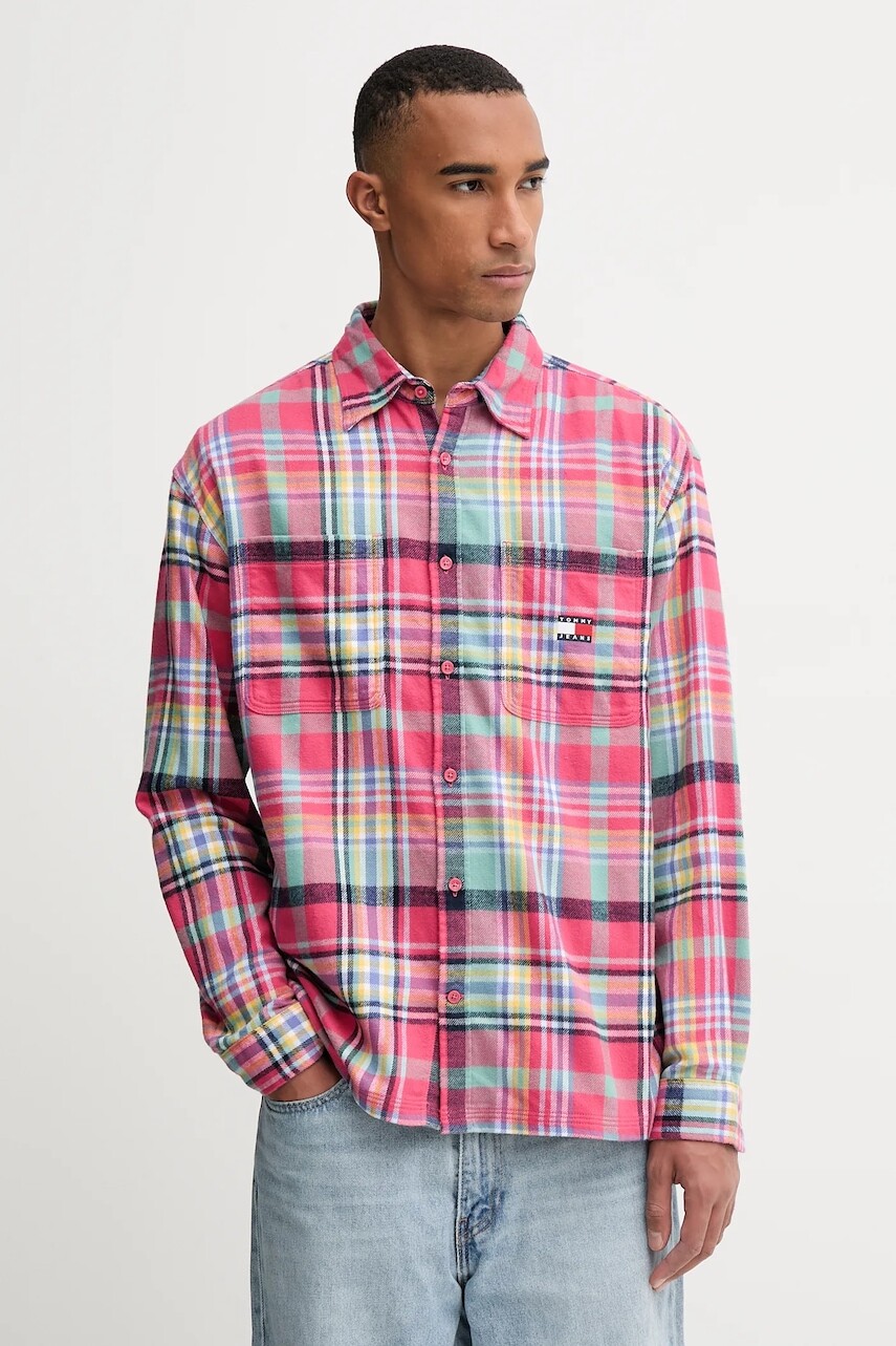 Bavlnená košeľa Tommy Jeans ružová farba, voľný strih, s klasickým golierom, DM0DM22020