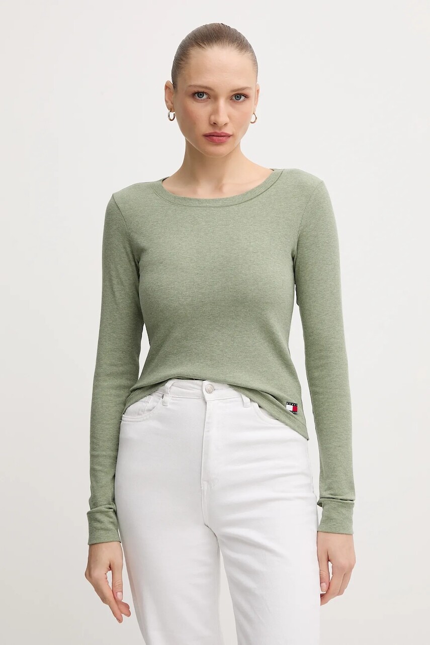 Tričko s dlhým rukávom Tommy Hilfiger zelená farba, UW0UW06066