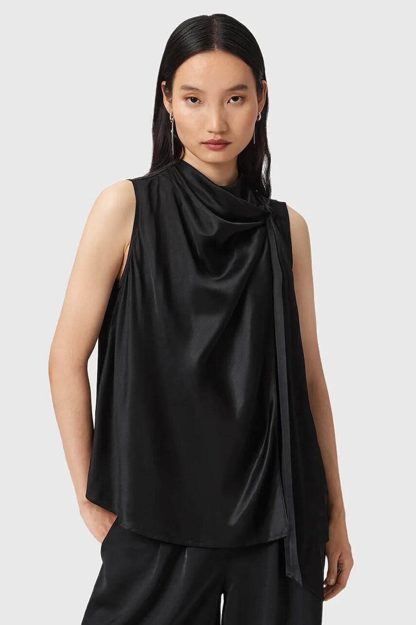 Blúzka s prímesou hodvábu AllSaints HERELA čierna farba, jednofarebná, W011PD