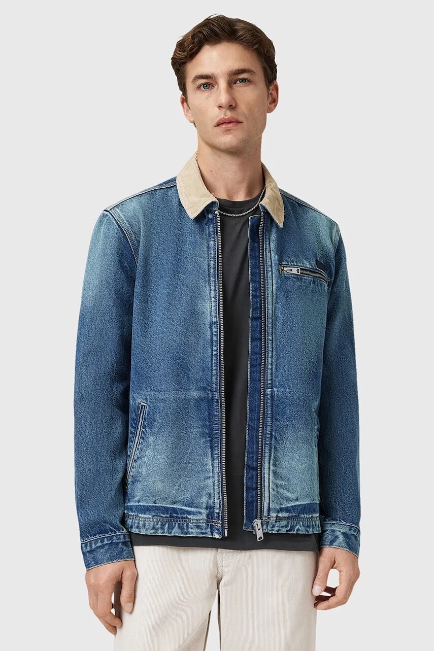 Rifľová bunda AllSaints ROTHWELL modrá farba, prechodná, M030OD