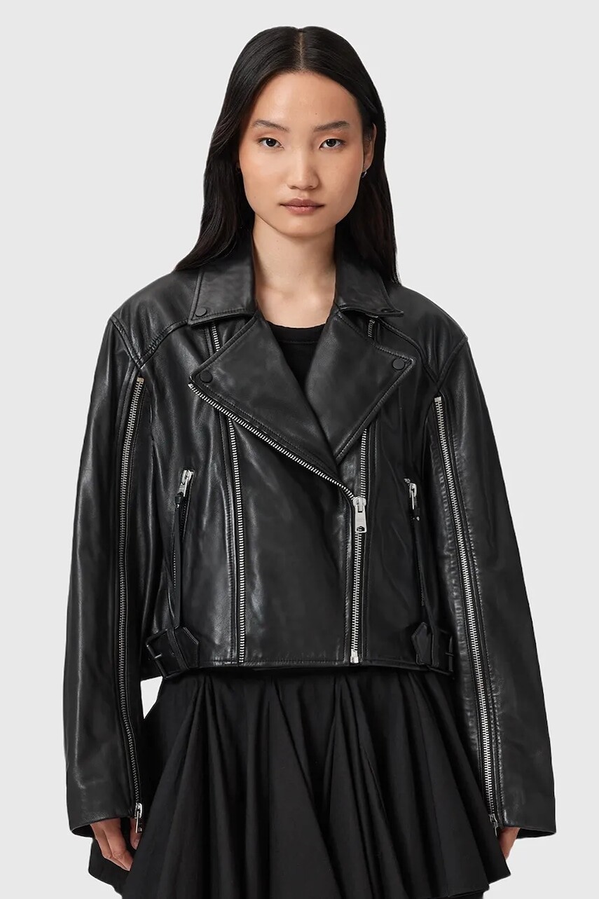 Kožená bunda AllSaints MASONE čierna farba, prechodná, W007LD