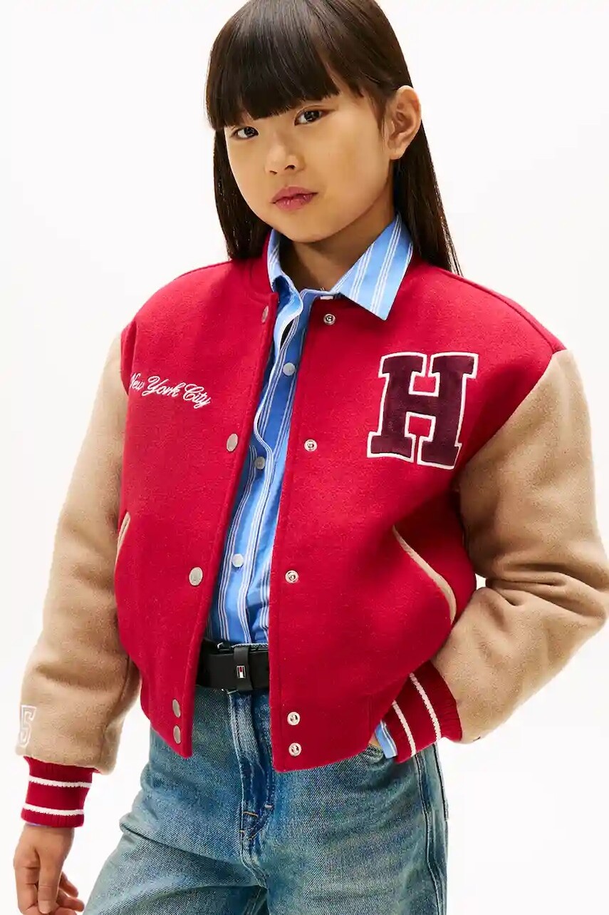 Detská bunda s prímesou bavlny Tommy Hilfiger červená farba, KG0KG08859