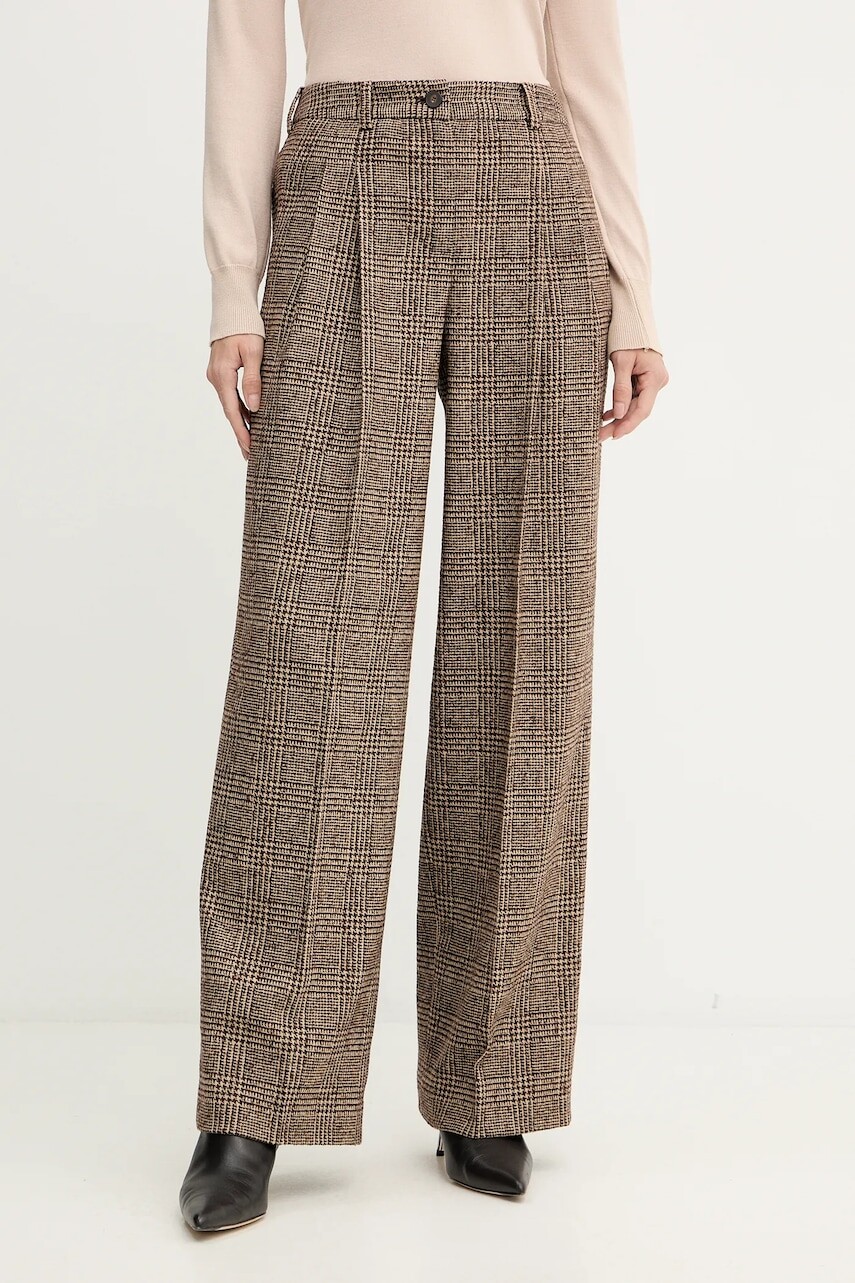 Nohavice s prímesou vlny Luisa Spagnoli hnedá farba, široké, vysoký pás, 542379