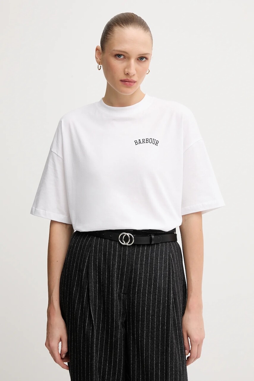 Bavlnené tričko Barbour CLAYDON dámske, biela farba, LTS0687