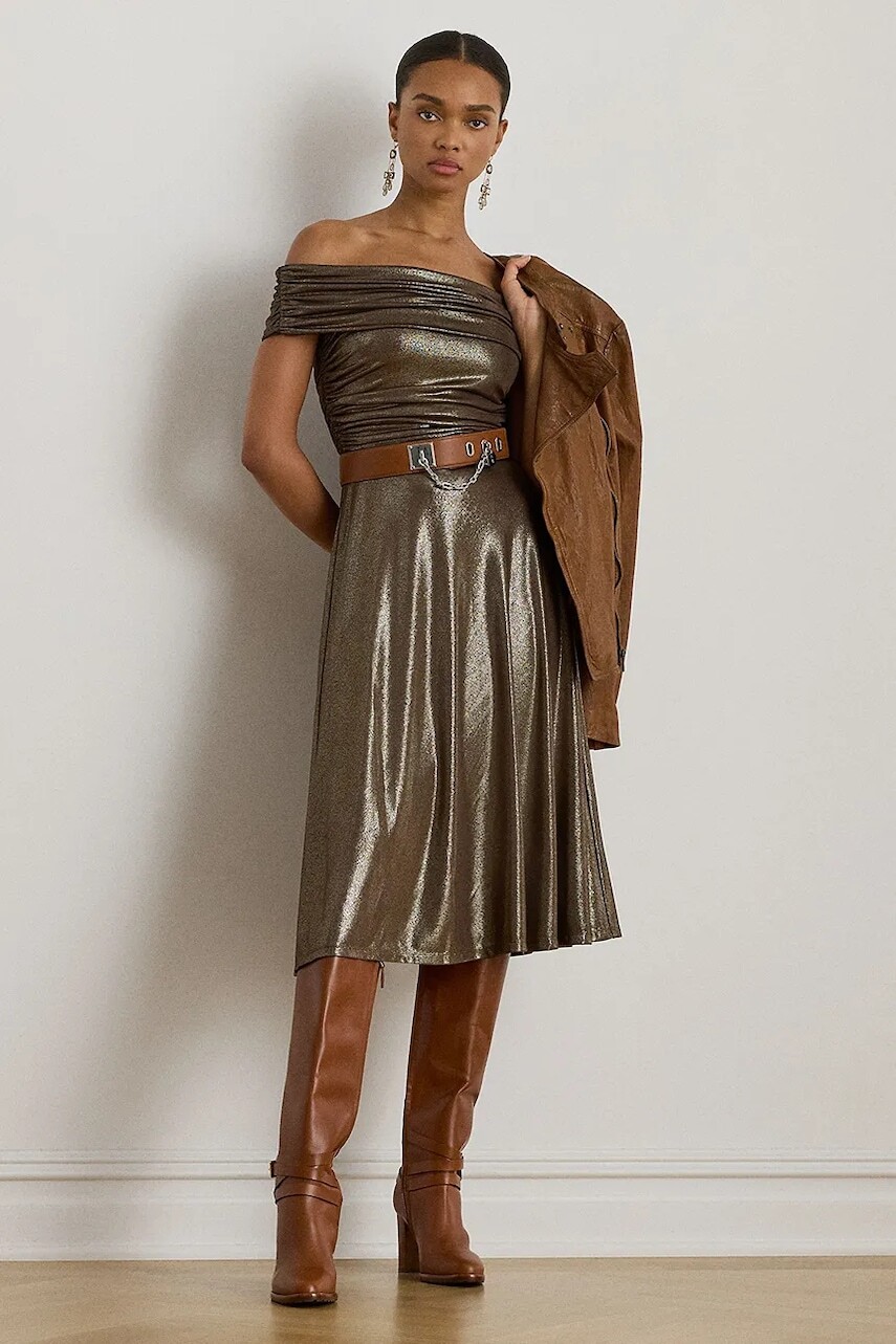 Šaty Lauren Ralph Lauren zlatá farba, midi, áčkový strih, 253982168