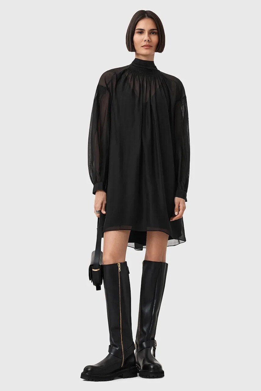 Šaty s prímesou hodvábu AllSaints PEARLA čierna farba, mini, áčkový strih, W095DD