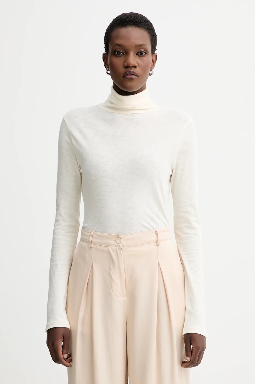 Bavlnené tričko s dlhým rukávom Marc O'Polo béžová farba, s rolákom, 5000007063