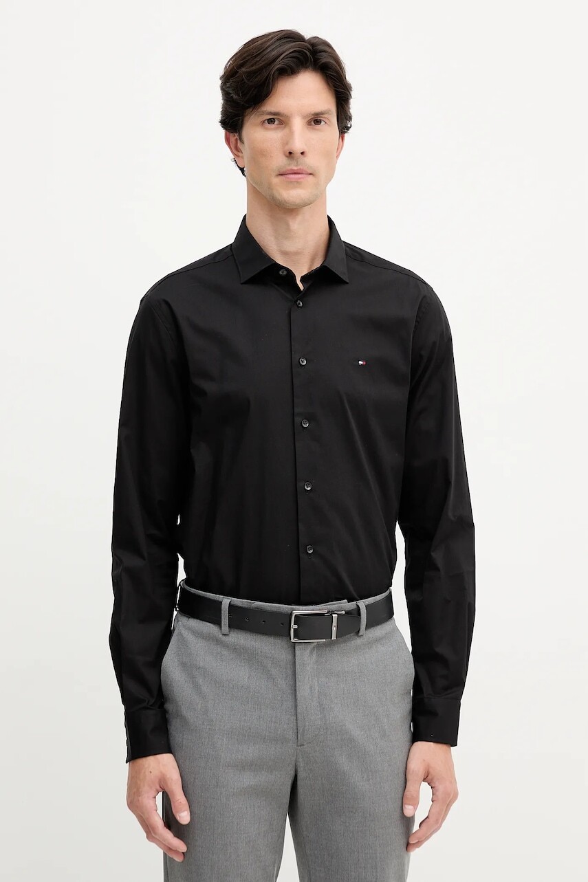 Košeľa Tommy Hilfiger čierna farba, slim, s talianskym golierom, MW0MW38347