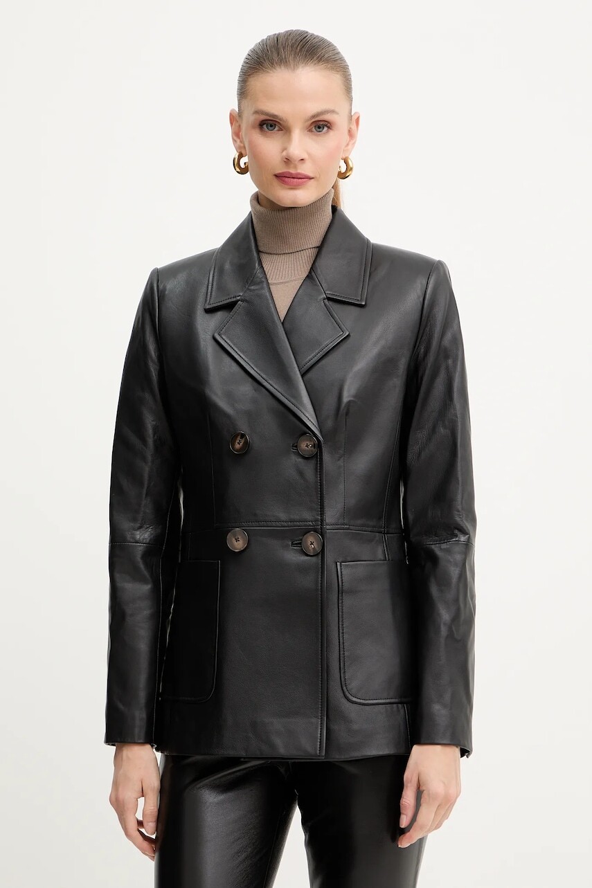 Kožené sako Luisa Spagnoli čierna farba, dvojradové, jednofarebné, 542242