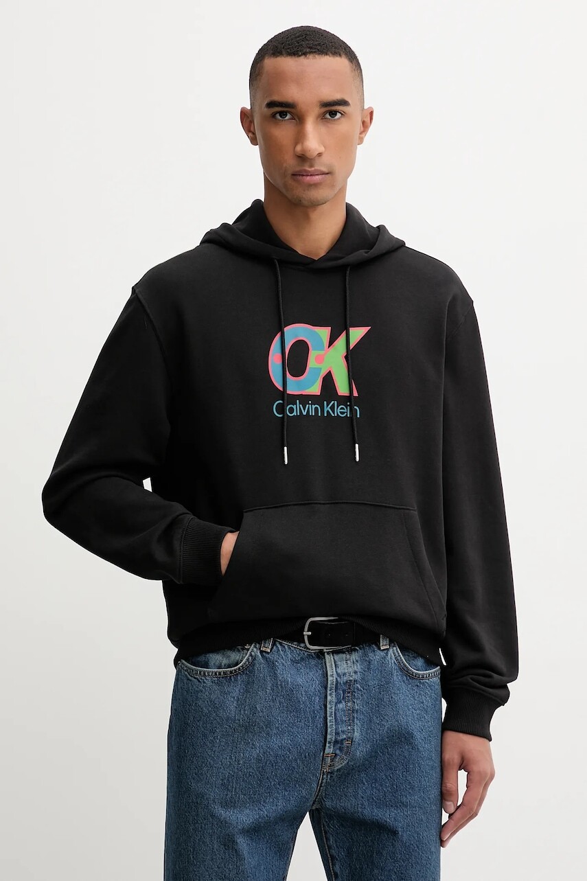 Bavlnená mikina Calvin Klein čierna farba, s kapucňou, s potlačou, LV04LD240G