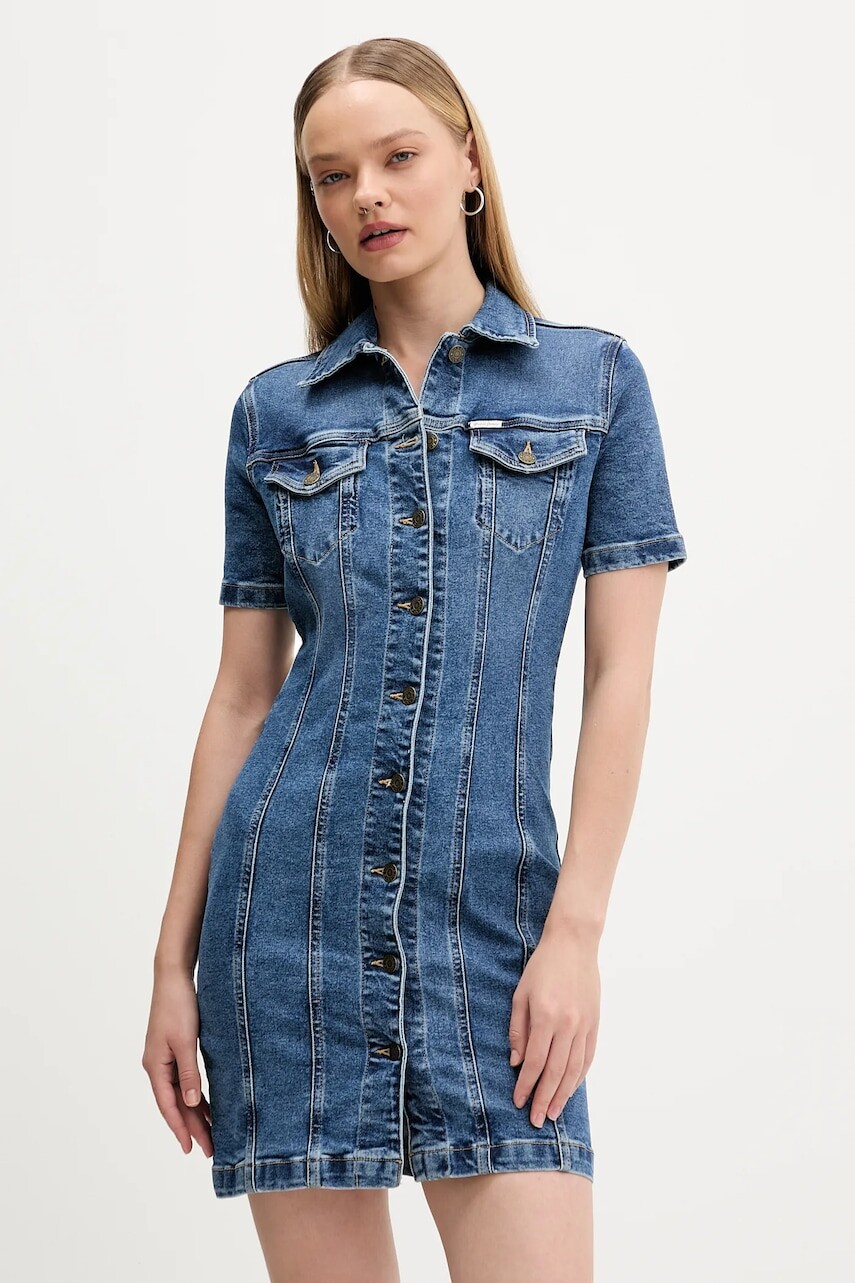 Rifľové šaty Guess Jeans modrá farba, mini, rovný strih, W5YK55 D5R11