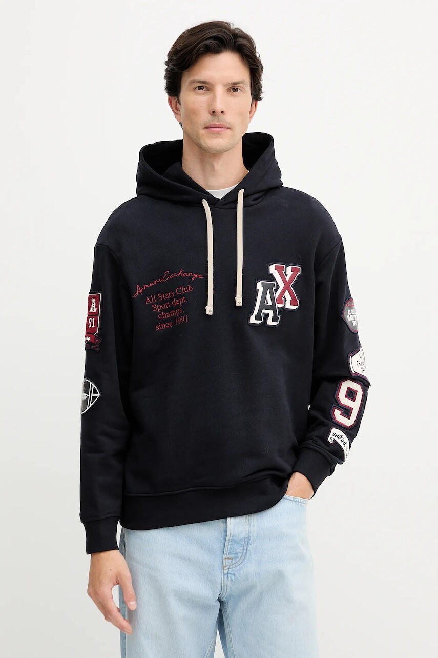 Bavlnená mikina Armani Exchange tmavomodrá farba, s kapucňou, s nášivkou, XM000749 AF12656