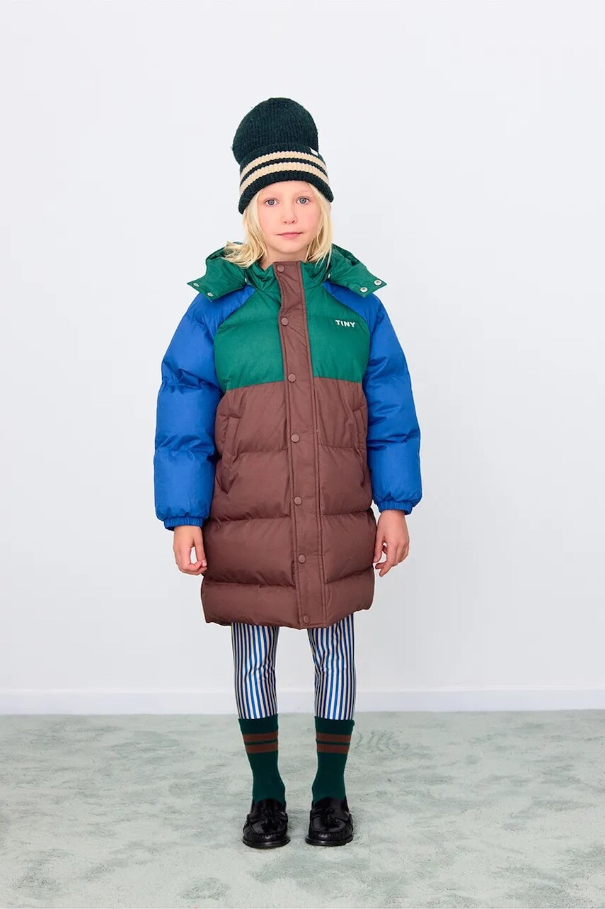 Detská bunda Tinycottons COLOR BLOCK PADDED JACKET hnedá farba, AW25-141