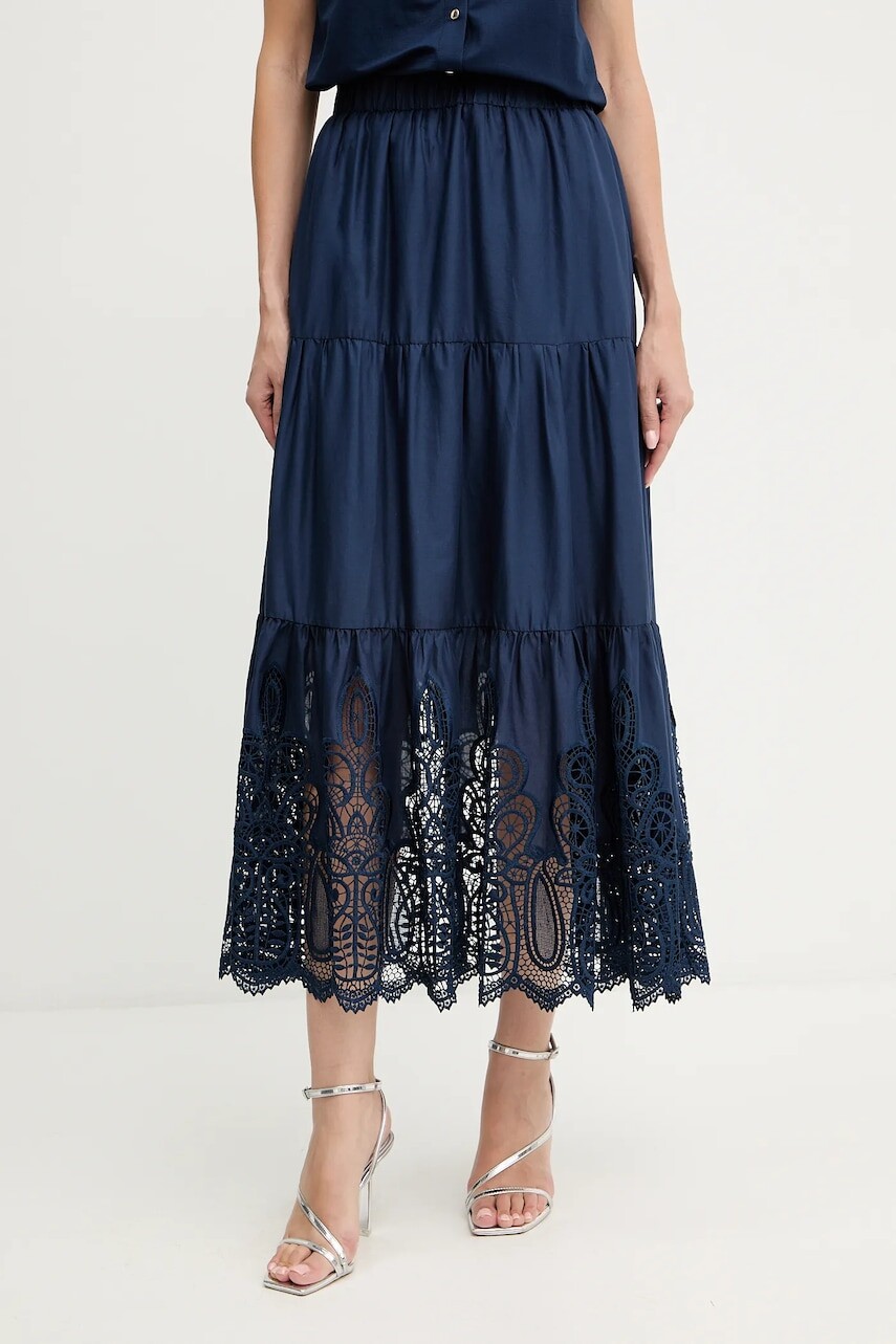 Bavlnená sukňa Morgan tmavomodrá farba, maxi, áčkový strih, JBOY