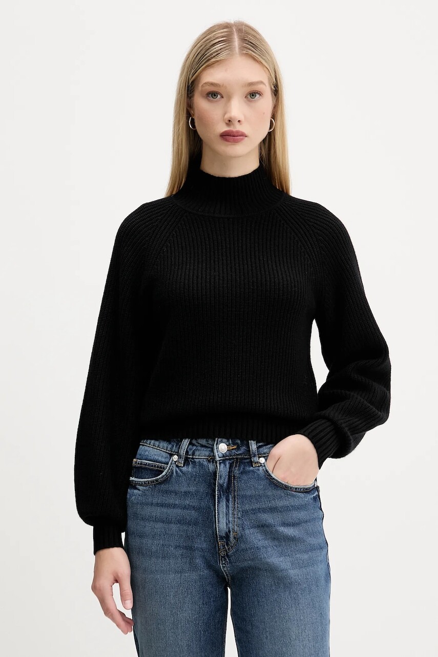 Vlnený sveter HUGO čierna farba, s polorolákom, 50548292