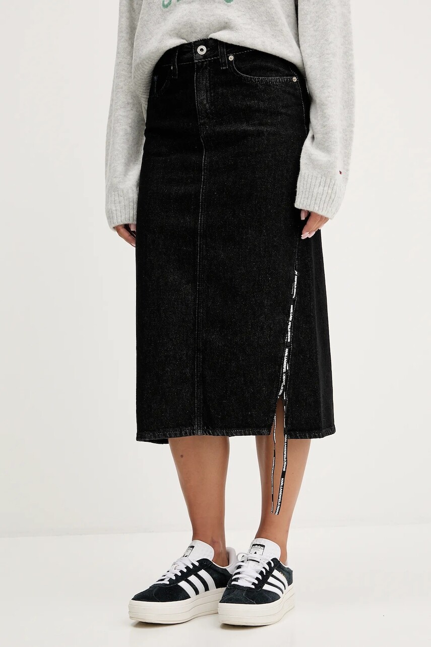 Rifľová sukňa Karl Lagerfeld Jeans čierna farba, midi, rovný strih, A4W12002