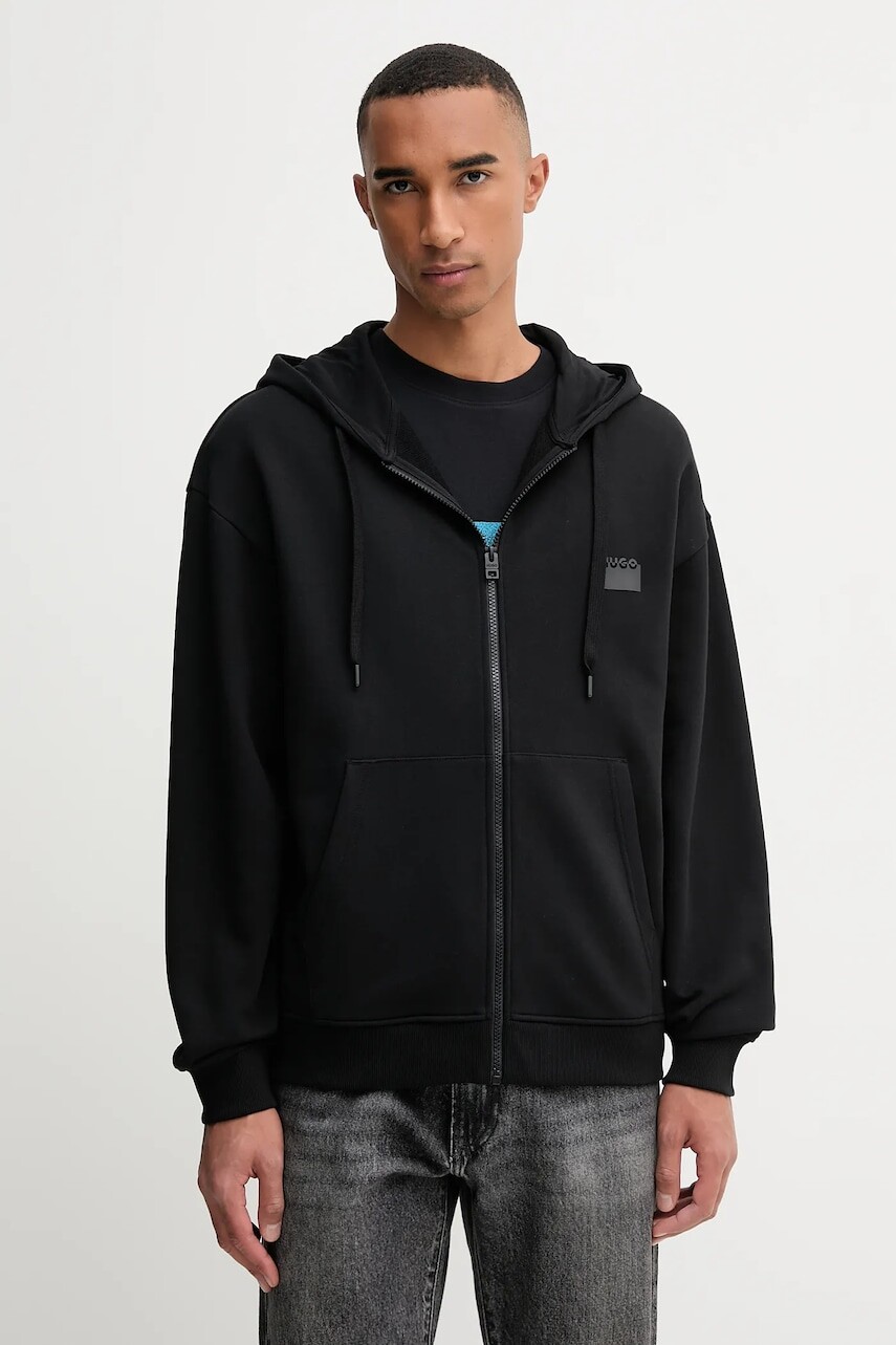 Bavlnená mikina HUGO čierna farba, s kapucňou, s potlačou, 50546874