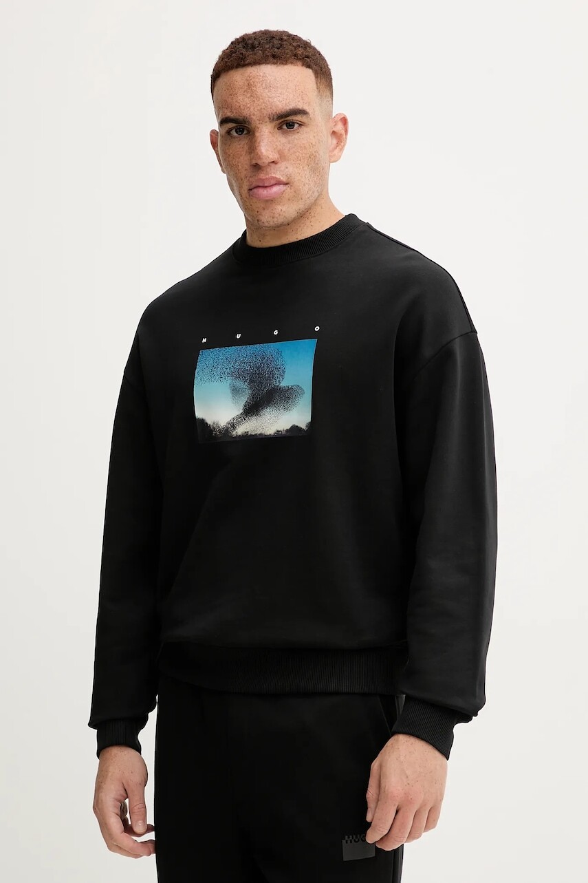 Bavlnená mikina HUGO čierna farba, s potlačou, 50549165