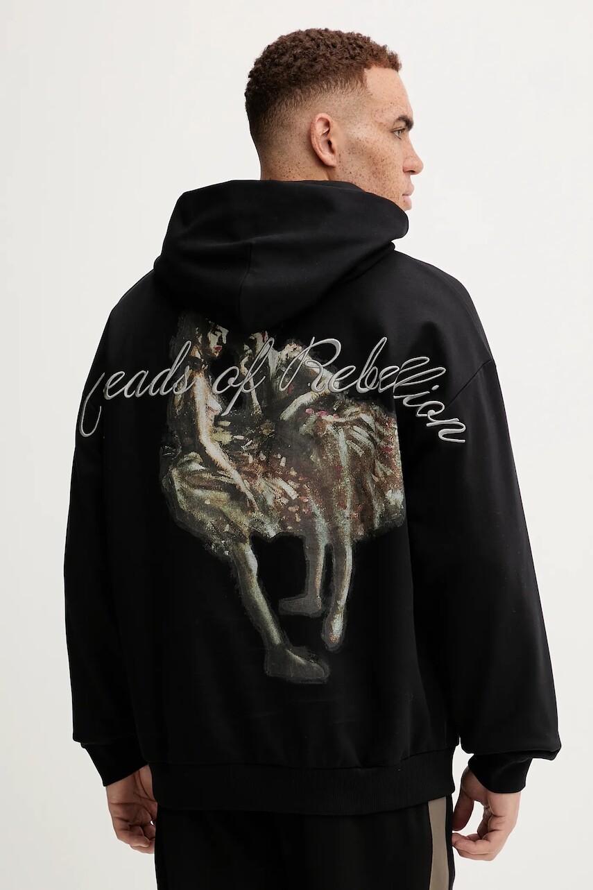 Bavlnená mikina HUGO čierna farba, s kapucňou, s potlačou, 50545997