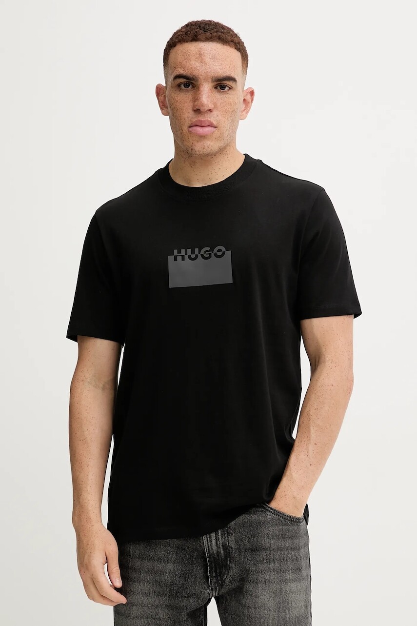 Bavlnené tričko HUGO pánske, čierna farba, s potlačou, 50546867