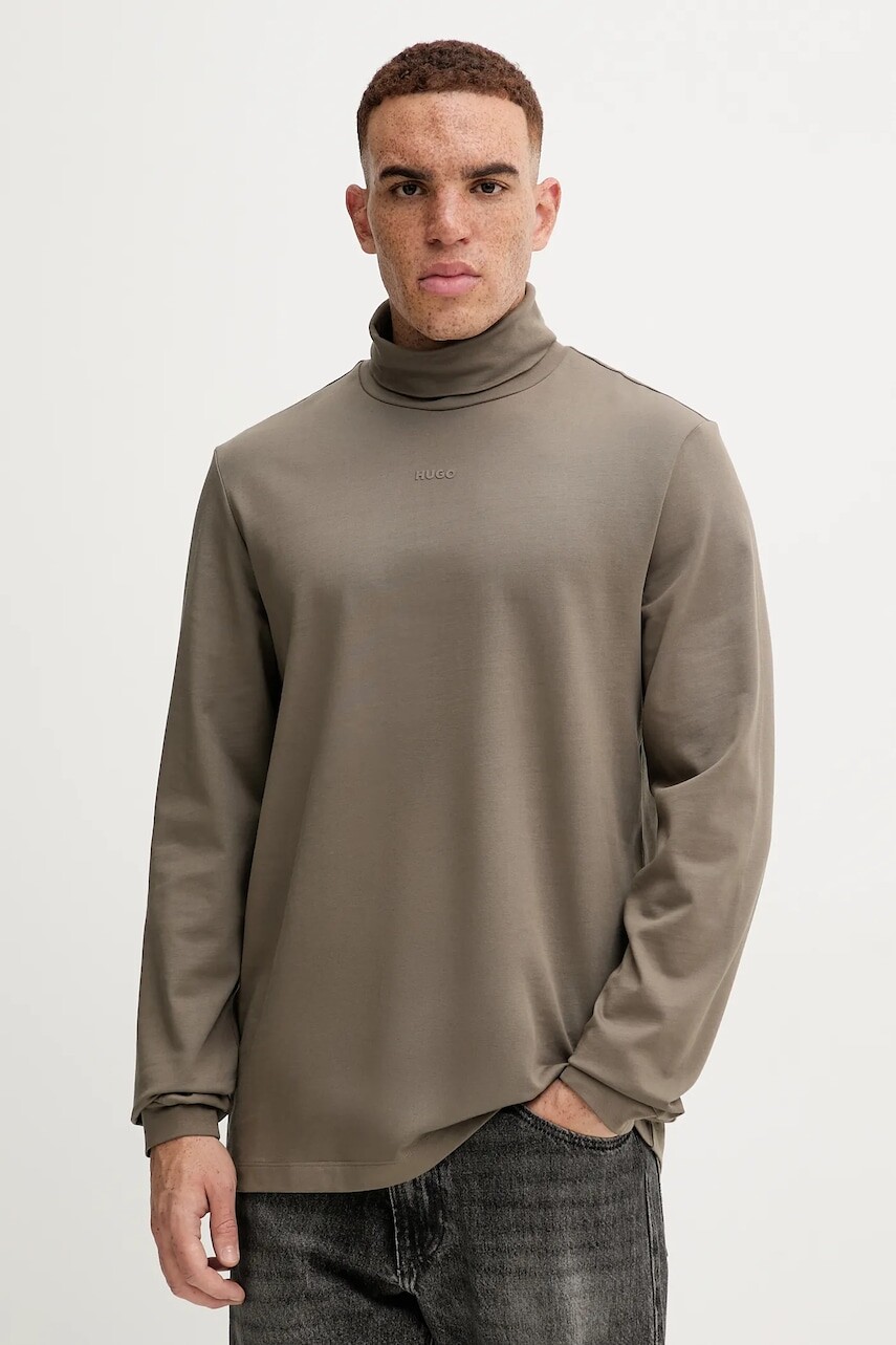 Bavlnené tričko s dlhým rukávom HUGO zelená farba, jednofarebné, 50547372