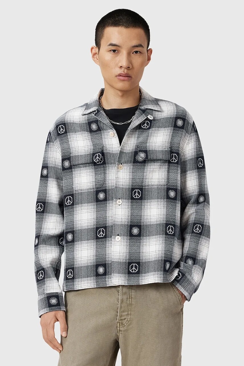 Bavlnená košeľa AllSaints CASTOR šedá farba, voľný strih, M030SD