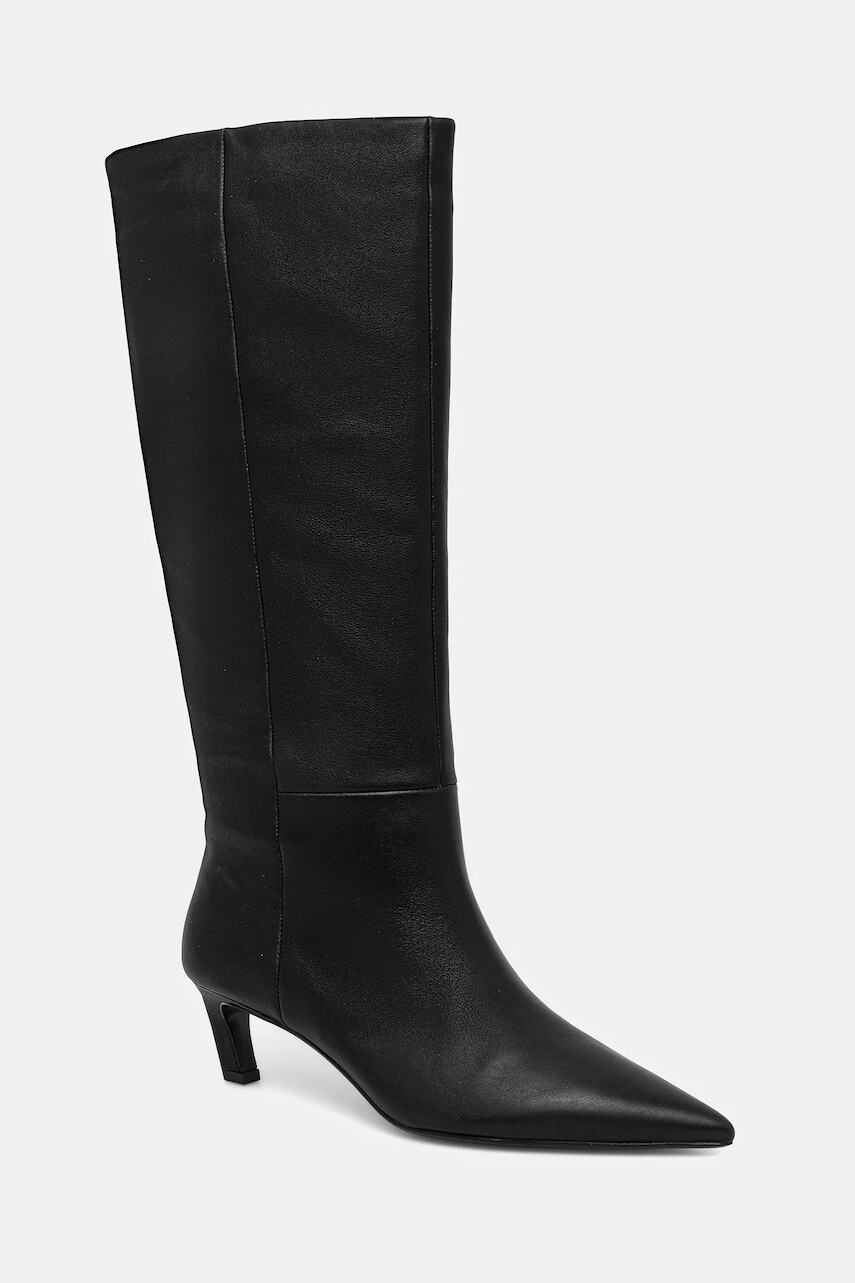 Kožené čižmy Calvin Klein ESS KITTEN HEEL LONG BOOTS čierna farba, na vysokom podpätku, HW0HW02690