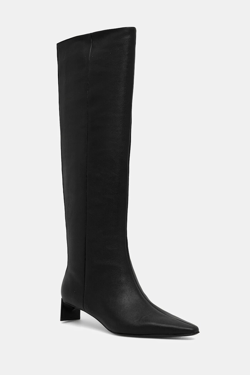 Kožené čižmy Calvin Klein SET BACK KITTEN HEEL KNEE BOOT čierna farba, na podpätku, HW0HW02587