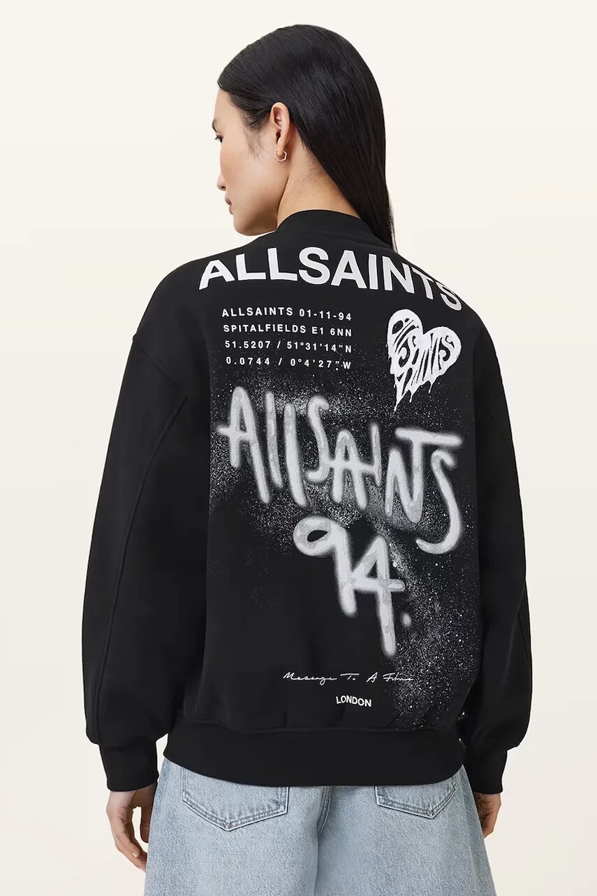 Bavlnená mikina AllSaints POSTER čierna farba, vzorovaná, W034JD