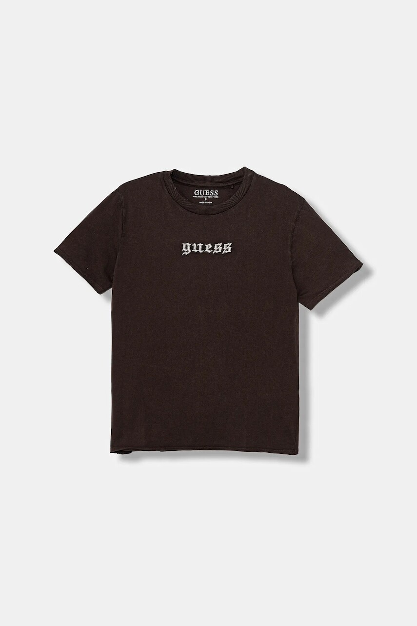 Detské bavlnené tričko Guess hnedá farba, s nášivkou, L5YI20 K8HM4