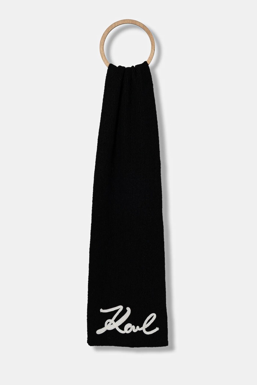 Šál s prímesou vlny Karl Lagerfeld čierna farba, s nášivkou, A4W33028
