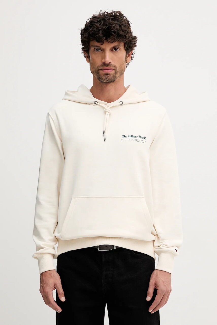 Bavlnená mikina Tommy Hilfiger béžová farba, s kapucňou, s potlačou, MW0MW40065