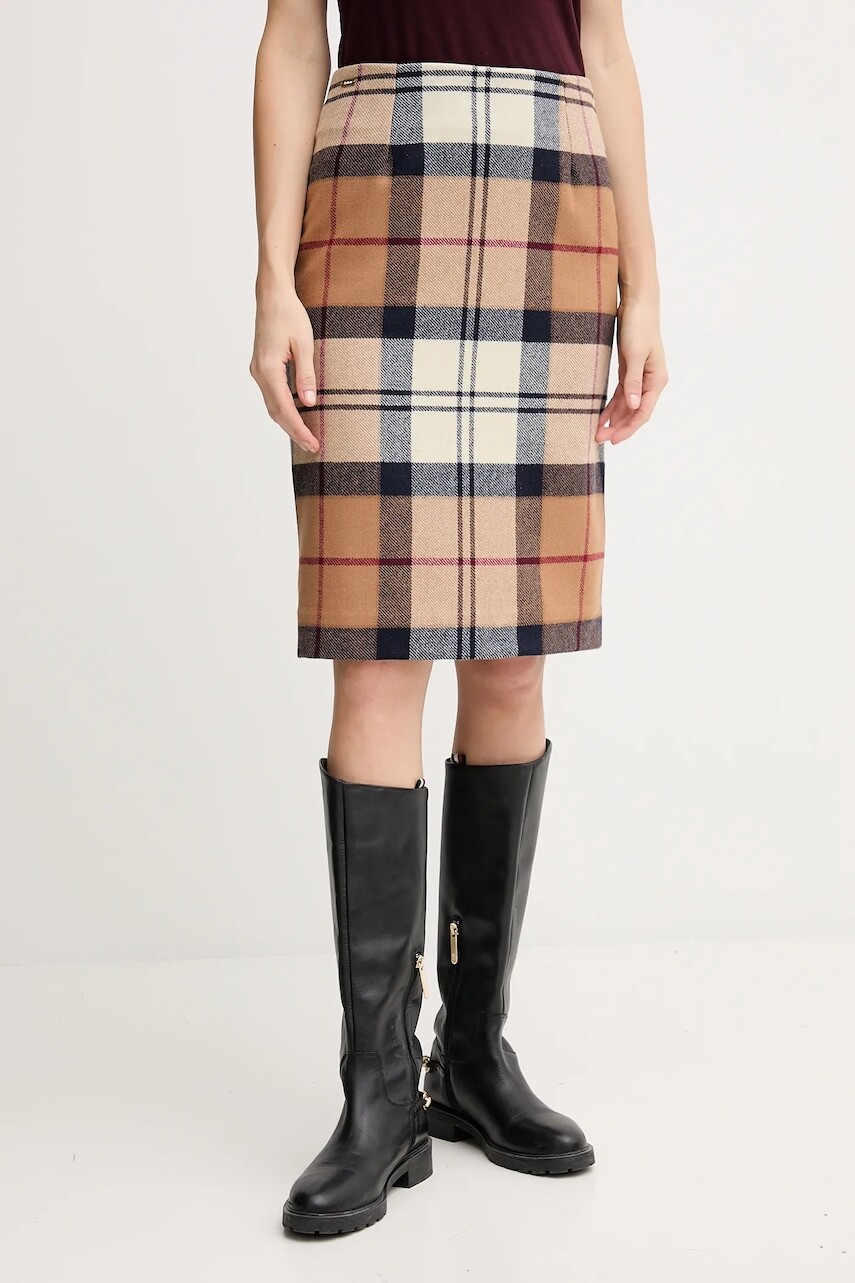 Vlnená sukňa Barbour ROSA hnedá farba, midi, rovný strih, LSK0064