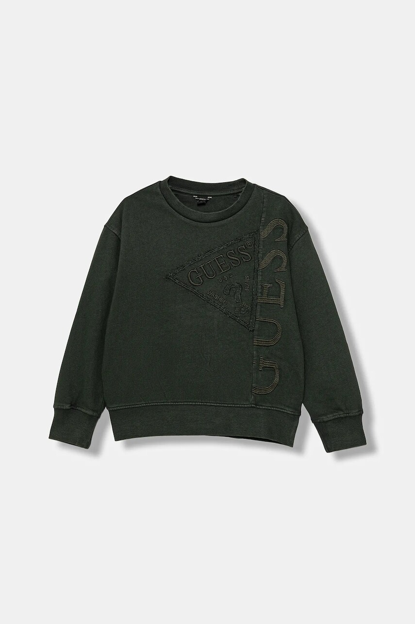 Detská bavlnená mikina Guess zelená farba, s nášivkou, L5BQ08 KAD74