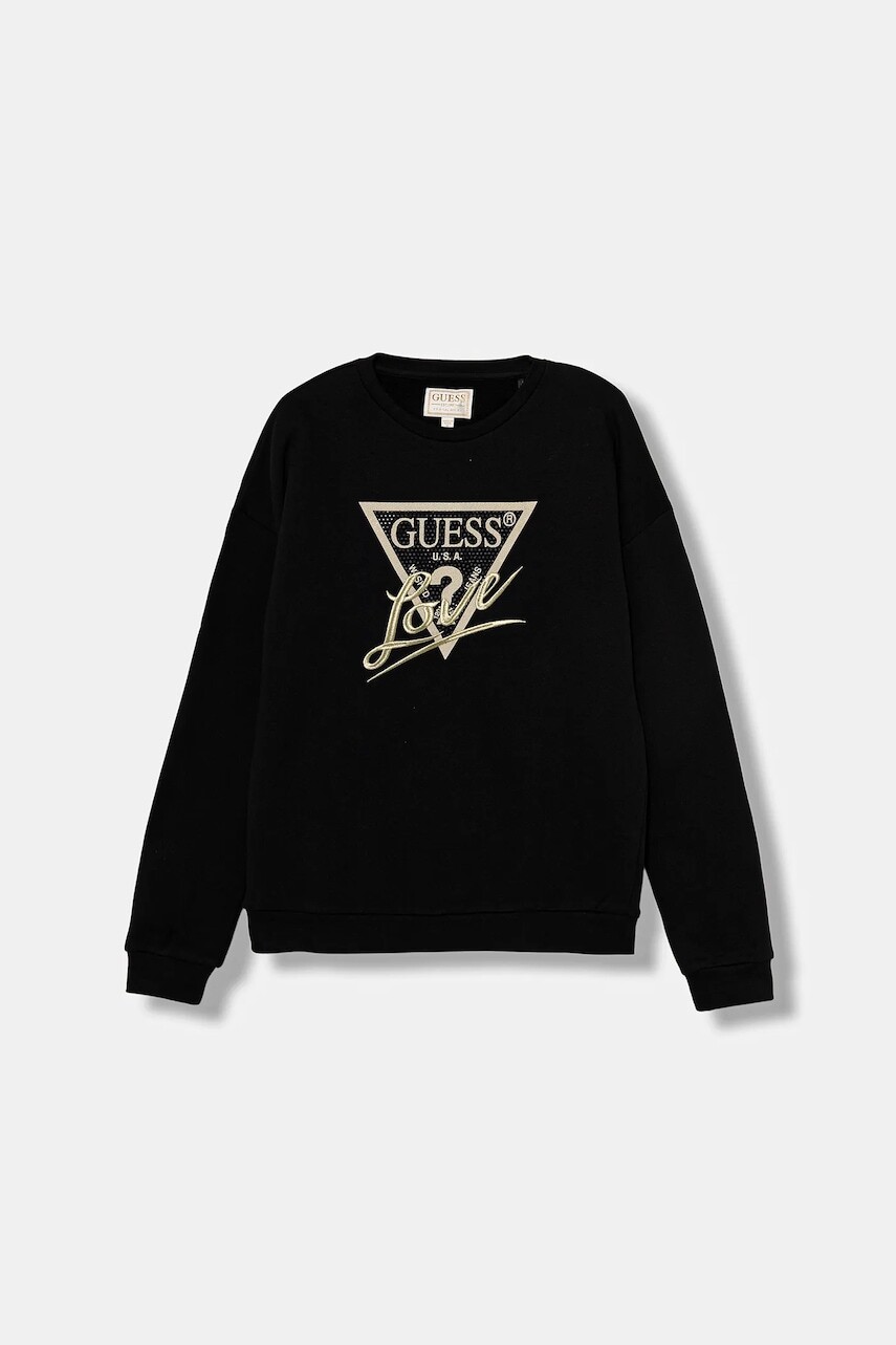 Detská bavlnená mikina Guess čierna farba, s nášivkou, J5BQ04 KAV34