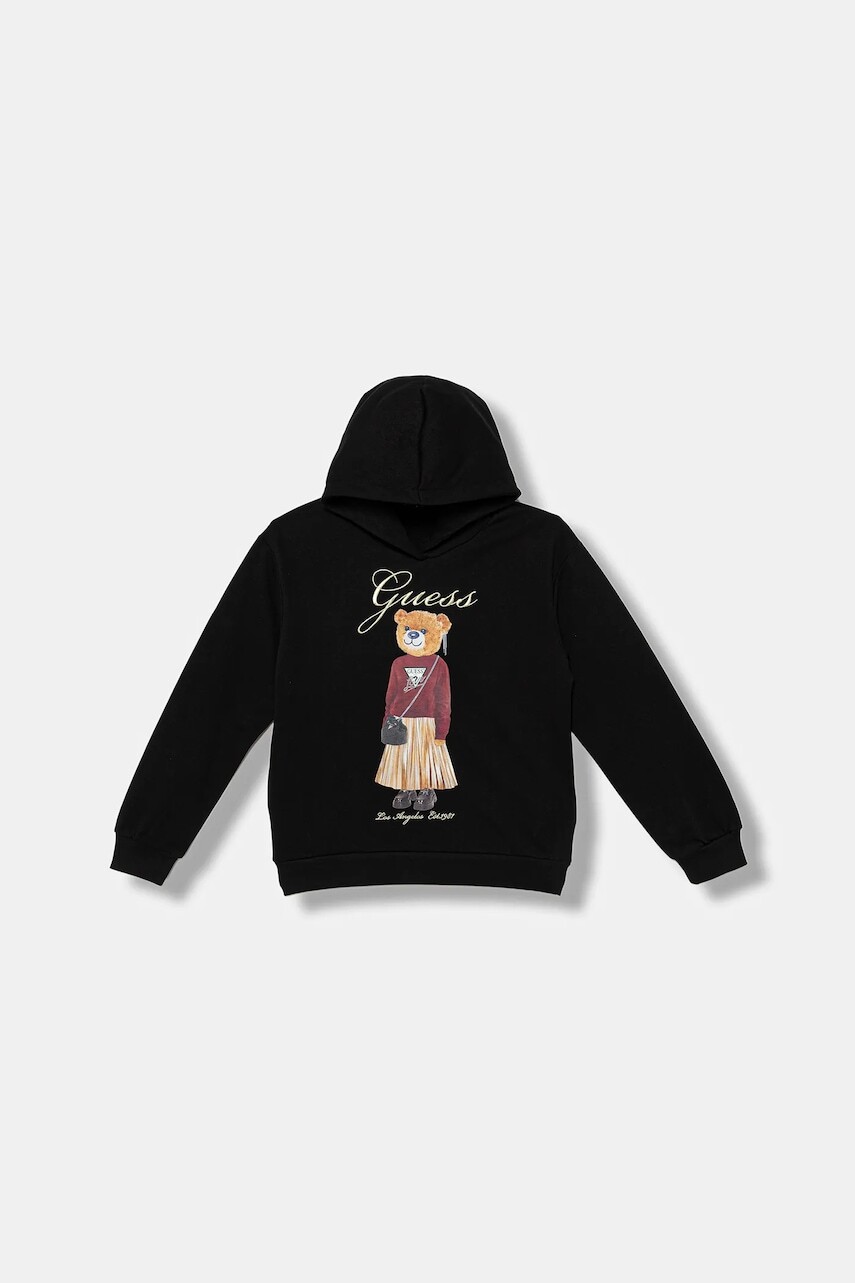 Detská bavlnená mikina Guess čierna farba, s kapucňou, jednofarebná, J5BQ26 KAD74