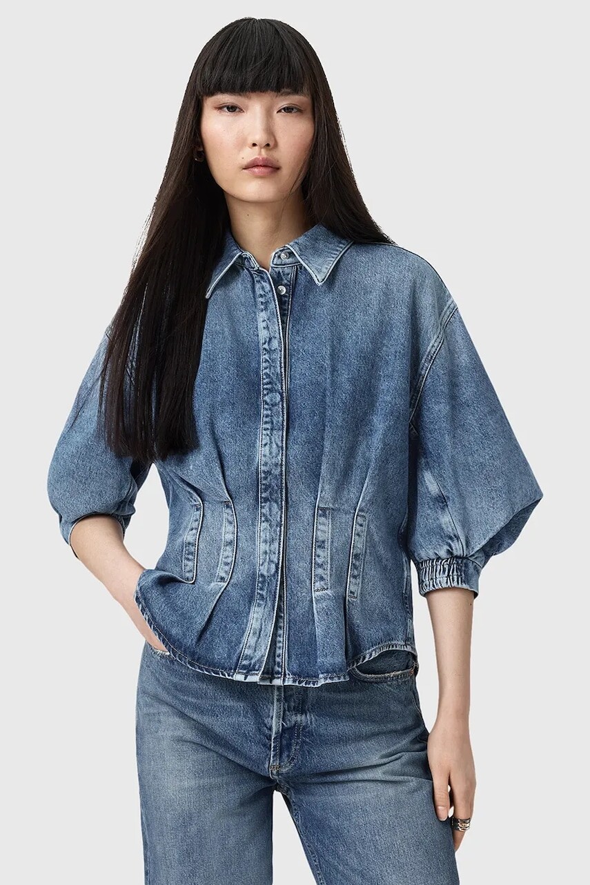 Rifľová košeľa AllSaints NANCY modrá farba, voľný strih, s klasickým golierom, W104PD