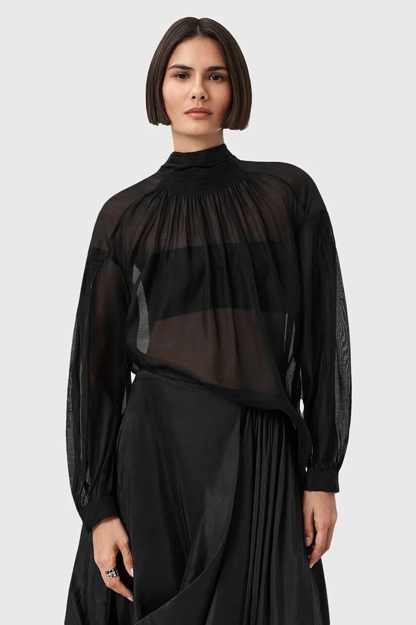Blúzka s prímesou hodvábu AllSaints PEARLA čierna farba, jednofarebná, W027PD