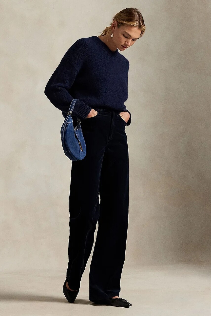 Menčestrové nohavice Polo Ralph Lauren tmavomodrá farba, rovný strih, vysoký pás, 211A87463