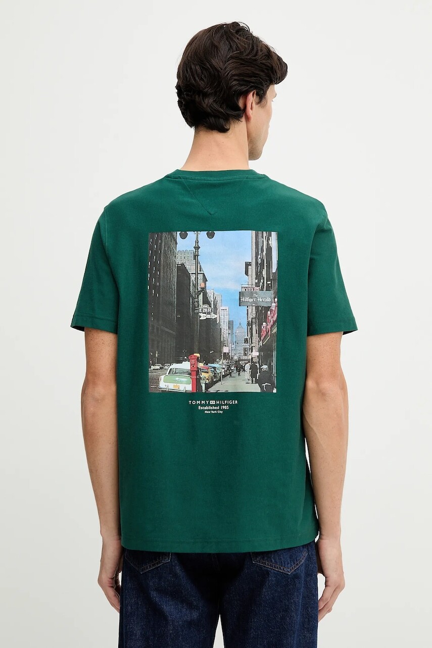 Bavlnené tričko Tommy Hilfiger pánske, zelená farba, s potlačou, MW0MW40010