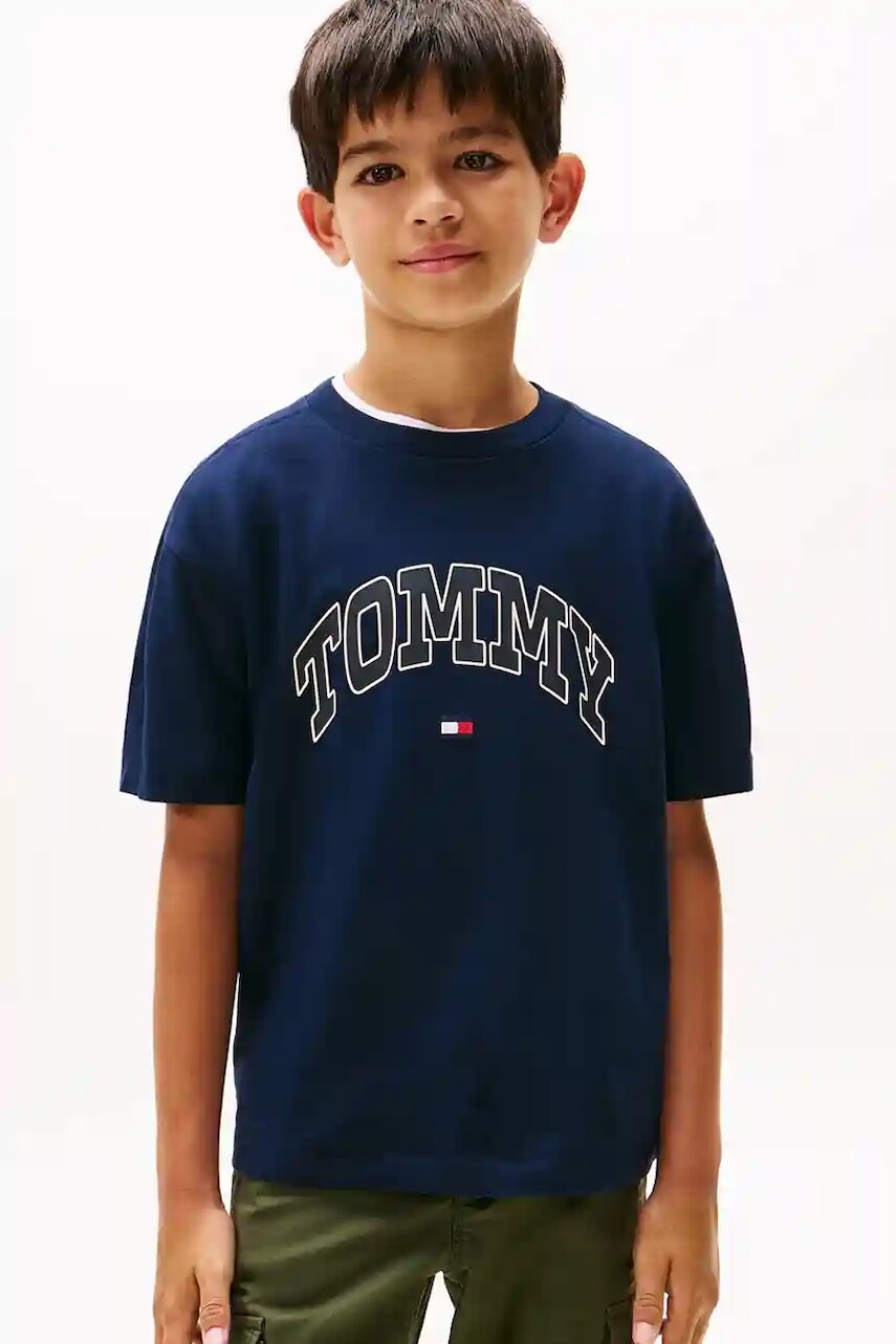 Detské bavlnené tričko Tommy Hilfiger tmavomodrá farba, s potlačou, KB0KB09939