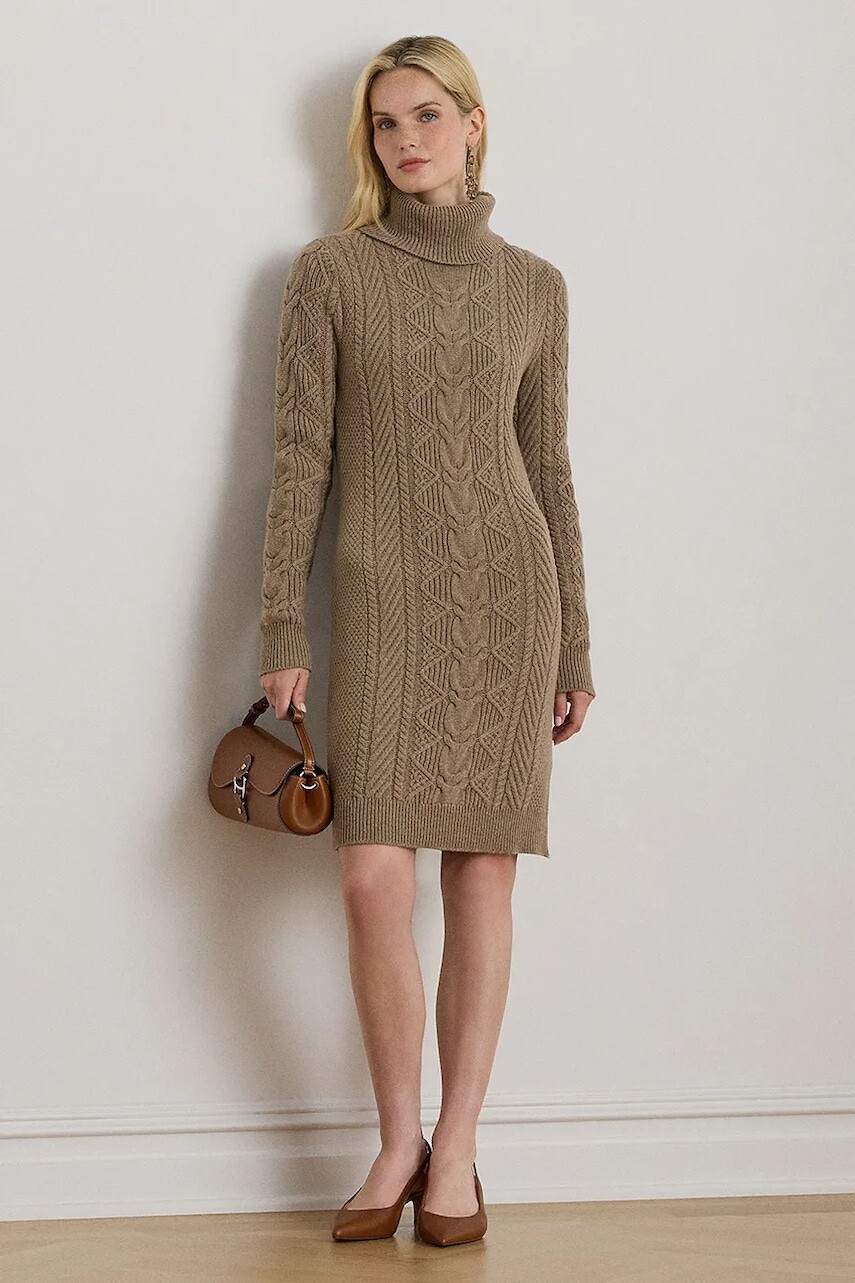 Šaty s prímesou vlny Lauren Ralph Lauren béžová farba, mini, priliehavé, 200979705